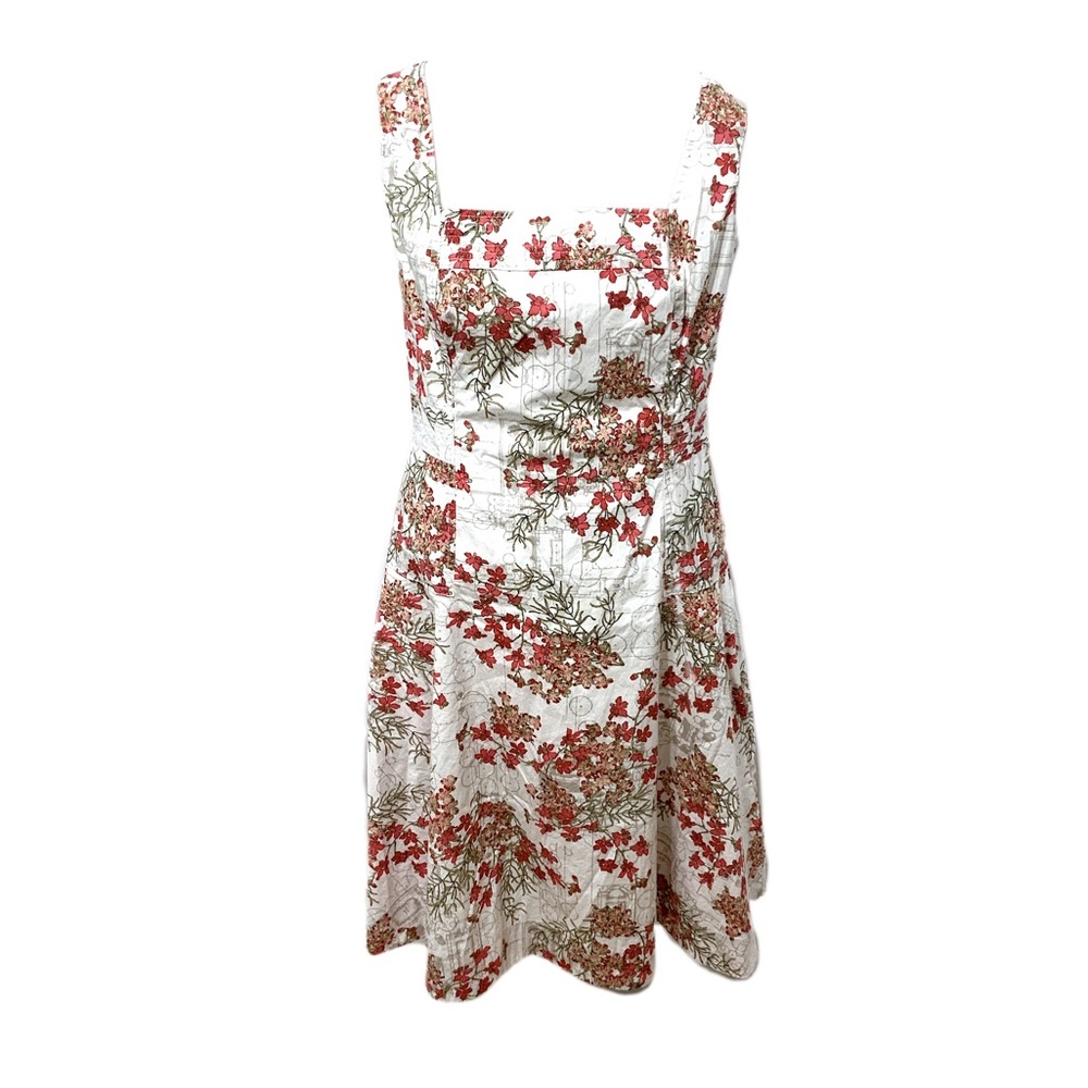 Tory Burch White Floral Mini Dress with Red and Olive Green Print